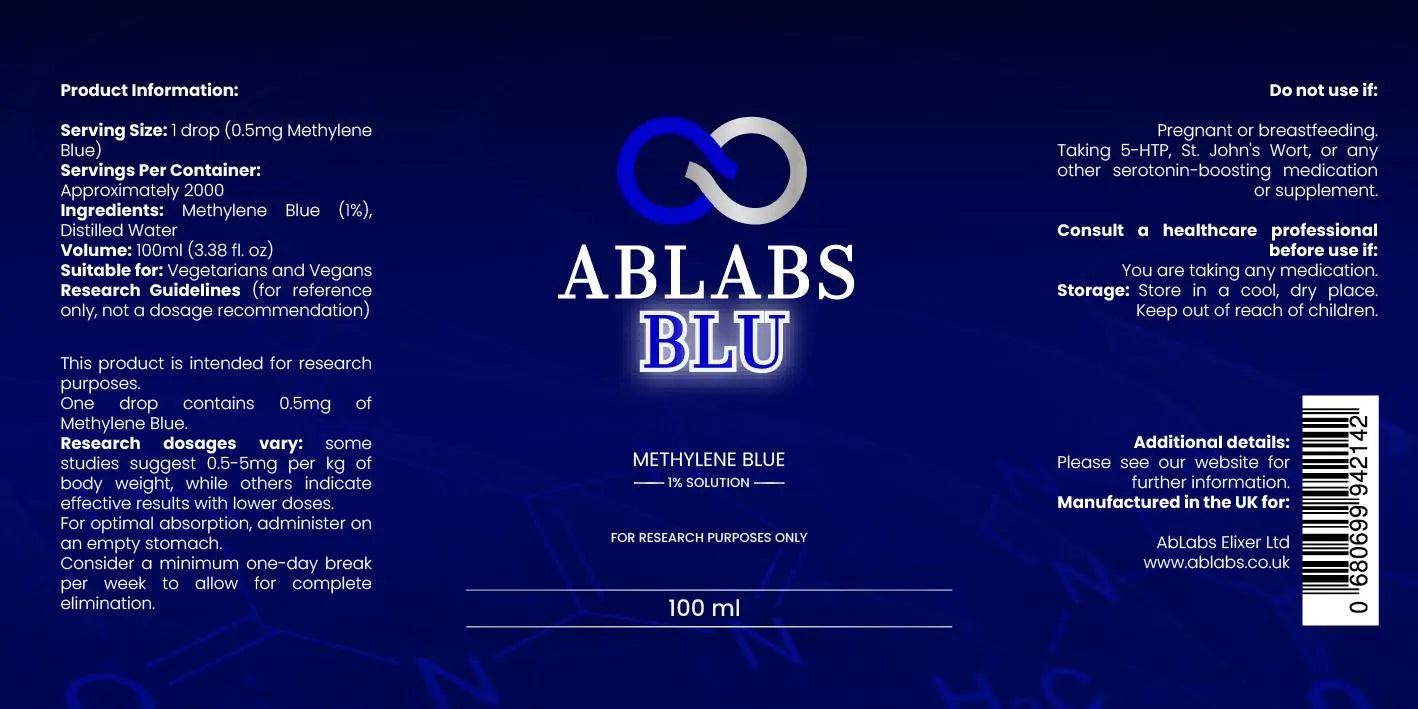 USP Grade 1% • Methylene Blue Solution (includes dropper) • 100ml • Ablabs Brand